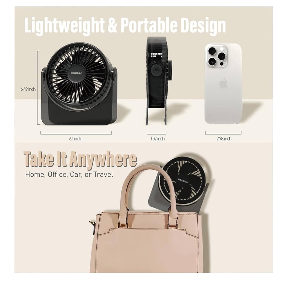 USB Desk Fan 6 Inch Portable Table Fan 3 Speeds Quiet Powerful Cooling Office - Picture 8 of 9